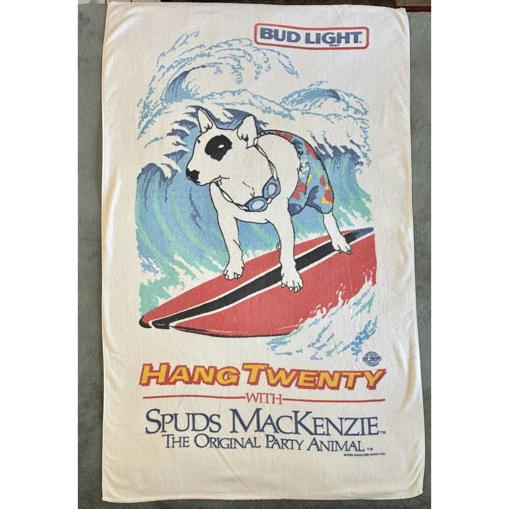 SPUDS MACKENZIE BEACH TOWEL Bud Light 1980s Party Animal Dog 57”x35” *READ*